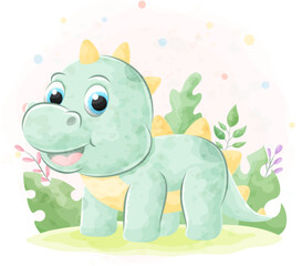 Cute doodle Dinosaur with watercolor illustration