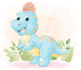 Cute doodle Dinosaur with watercolor illustration