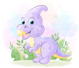 Cute doodle Dinosaur with watercolor illustration