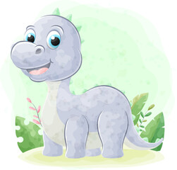 Cute doodle Dinosaur with watercolor illustration
