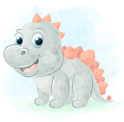 Cute doodle Dinosaur with watercolor illustration