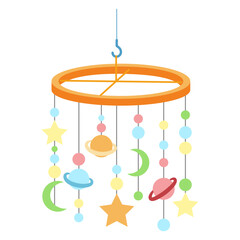 Baby item icon in realistic flat design. Flying carousel for child crib and bassinet. Colorful newborn rattle with star, moon, planet in sleep bed. Vector illustration isolated on white background