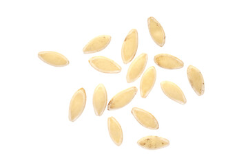 Pile cucumber seeds isolated on white background, close-up, top view. Heap of cucumber seeds...