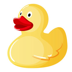 Baby item icon in realistic flat design. Yellow rubber duck for water game in bath. Plastic toy for child and kid for fun, enjoy playing in bathroom. Vector illustration isolated on white background.