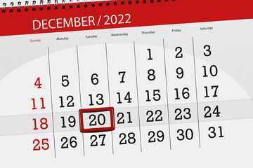 Calendar 2022, deadline, day, month, page, organizer, date, december, tuesday, number 20