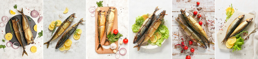 Set of tasty smoked mackerel fish on light background