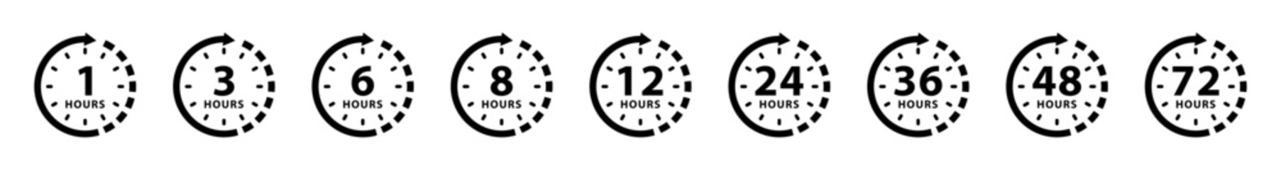 1, 3, 6, 8, 12, 24, 36, 48, 72 hours time arrow. Work time symbol isolated on white background. Delivery and service time icon.
