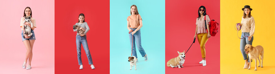 Collage of women and little girl with cute dogs on color background
