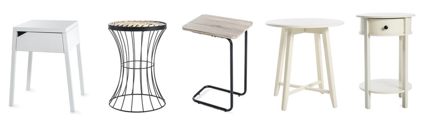 Collage of stylish bedside tables on white background