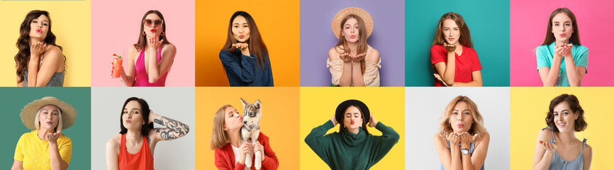 Collage of beautiful women sending air kisses on color background