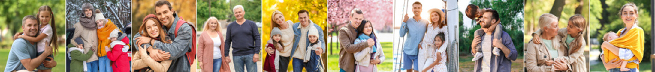 Set of happy families walking outdoors