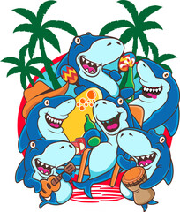 A group of sharks on vacation relaxing on the beach