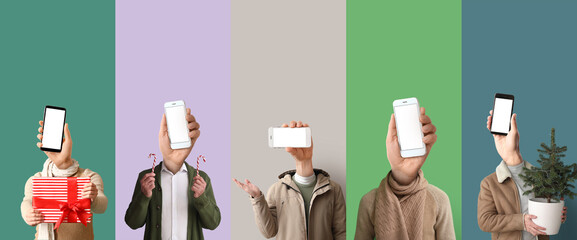 Collage of men with modern mobile phones and hands instead of their heads on color background
