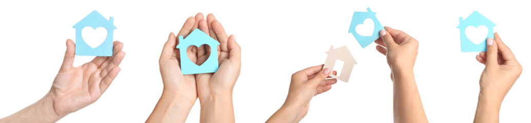 Set of female hands with figures of houses on white background
