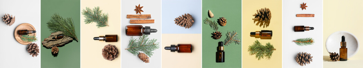 Collage of pine cone essential oil in bottles, top view