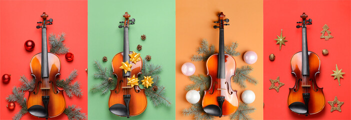 Collage of violin with Christmas decorations on color background