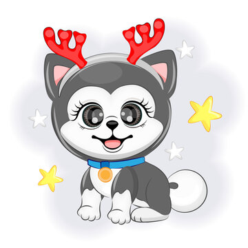 Cute dog Alaskan malamute with reindeer antlers Christmas or New Year vector illustration