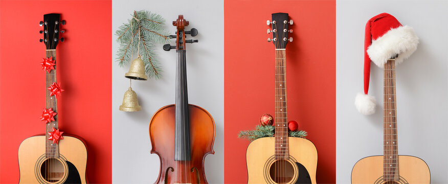 Collage of guitar and violin with Christmas decorations on color background