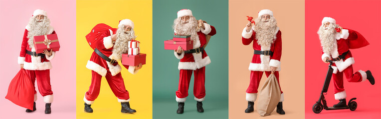 Set of Santa Clauses on colorful background