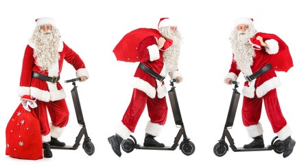 Set of Santa Claus with bag and scooter on white background