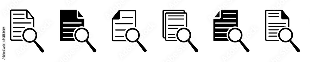 Poster search document vector icons set. find file. scrutiny or research document. review and study file.