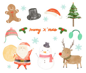 Cute watercolor Christmas collection. Christmas decorations and characters. Watercolor new year elements isolated on a white background. Hand drawn style.