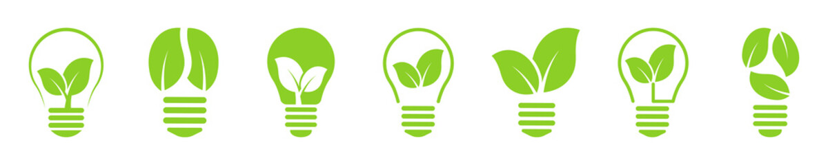 Set of green eco light bulb vector icons. Ecology light bulb with leaf. Clean alternative energy. Green energy concept.