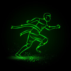 Fototapeta na wymiar Green neon sprinter with prosthesis finishes. Vector neon linear sport banner with running man and finishing tape.
