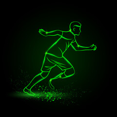 Fototapeta na wymiar Green neon sprinter with prosthesis. Vector neon linear sport banner with running man.