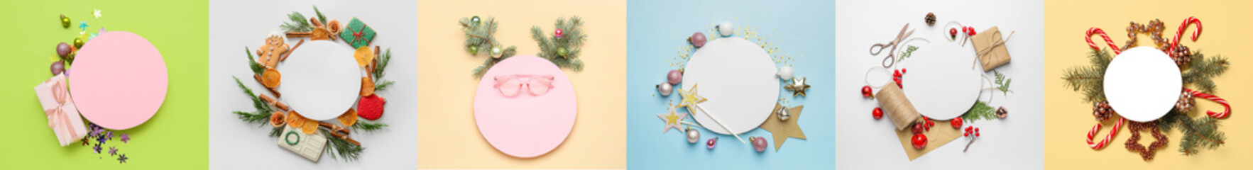 Beautiful Christmas compositions with blank round cards and decorations