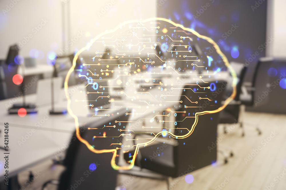 Poster double exposure of creative artificial intelligence interface on modern corporate office background.