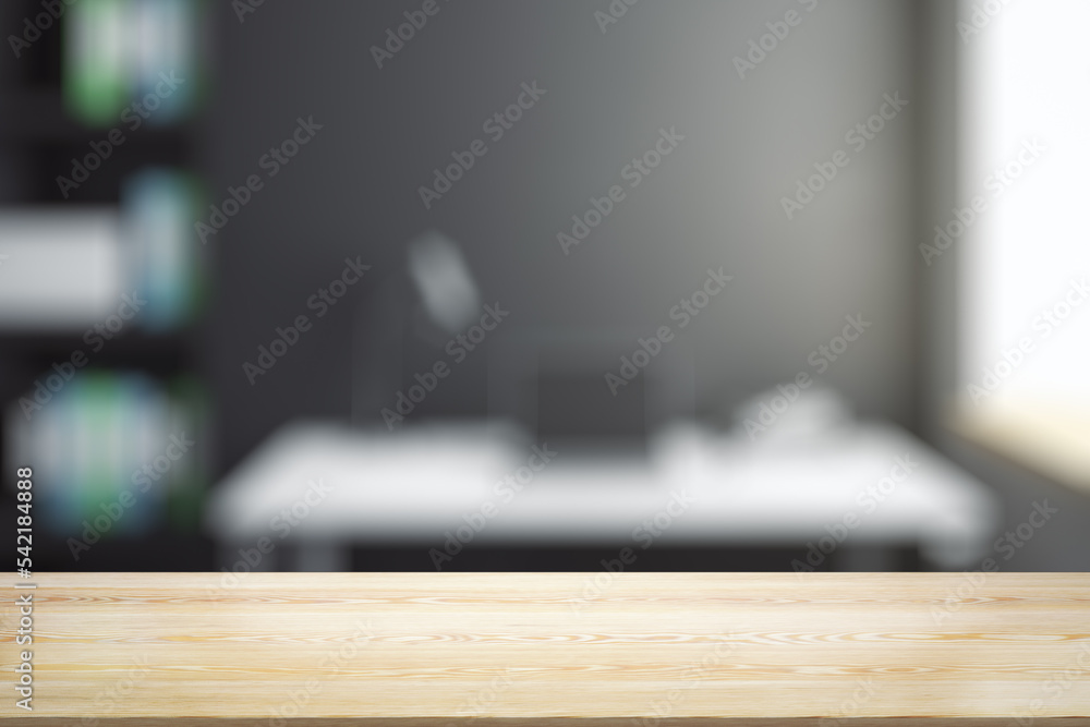Aufkleber empty office wooden table with empty space on modern workplace with computer background, closeup, mo