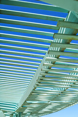 Wooden shed against blue sky, closeup