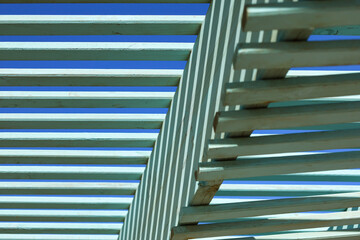 Wooden shed against blue sky, closeup