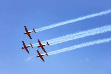 Modern airplanes flying in blue sky