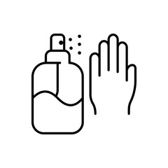 Dispenser with hand line icon. Liquid soap, sanitizer, antiseptic, wash hands, spray, personal hygiene, quarantine, coronavirus, distancing. Health care concept. Vector black line icon