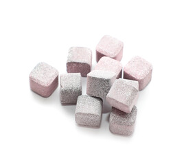 Heap of soluble tablets on white background