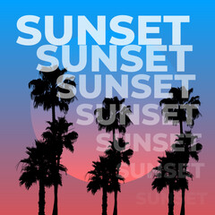 Colorful vector pink blue vintage sunset sticker with palm trees in vibrant gradient colors 70s 80s Retro sunset illustration square format
