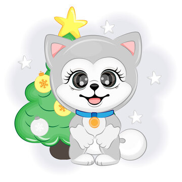 Cute dog Alaskan Malamute with a Christmas tree, Christmas or New Year vector illustration