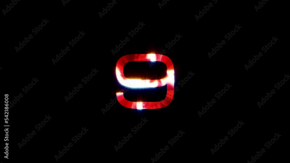 Poster countdown glitch text from ten to zero with light effect on black background.