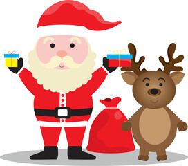 uncle santa claus holding gift boxes and red bags brown deer