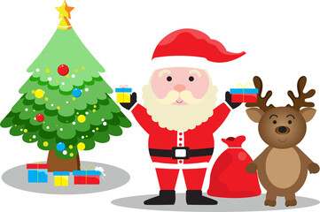 Uncle Santa Claus holding a gift box and a red bag. There is a deer and a Christmas tree with gift boxes under the tree.
