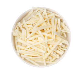 Plate with cut fresh parsnip on white background, top view