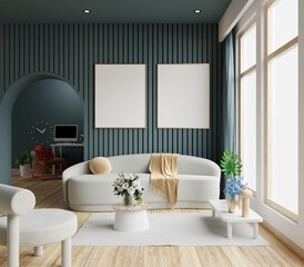 Fototapeta na wymiar Dark green home interior with sofa and armchair,Mockup poster frame.