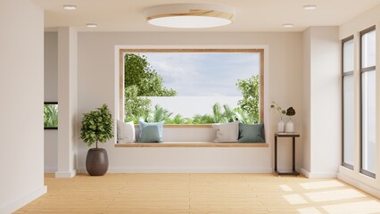 Living room muji style in warm tones with wooden bench and decoration minimal. © Vanitjan