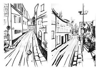 Pictures is drawn with ink. Set or collection. City street. Road and buildings. Black and white colors. Art or picture hand drawn. Abstract and minimalistic style.