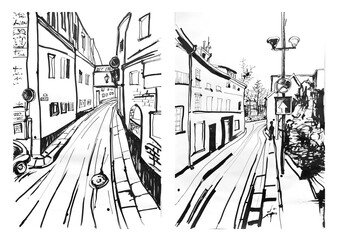 Fototapeta premium Pictures is drawn with ink. Set or collection. City street. Road and buildings. Black and white colors. Art or picture hand drawn. Abstract and minimalistic style.