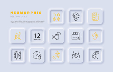 Period set icon. Critical days, blood, tampon, pads, calendar, uterus, menstruation, periodicity, pills, headache, migraine, vagina, menstrual cup, ovulation. Monthlies concept. Neomorphism