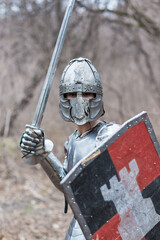 Noble warrior. Portrait of one medeival warrior or knight in armor and helmet with shield and sword...