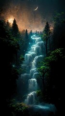 Fototapeta na wymiar Magical night in forest waterfalls fantasy scene 